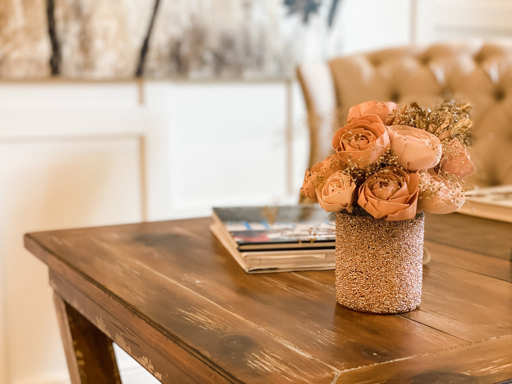 shabby chic girl boss desk flower arrangement made from sola wood flowers