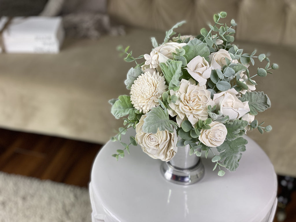 white flower sympathy gift arrangement made from faux flowers that last