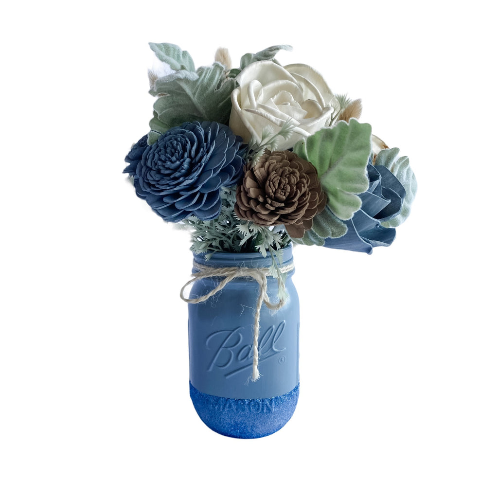 baby boy sola wood flower mason jar arrangement for nursery